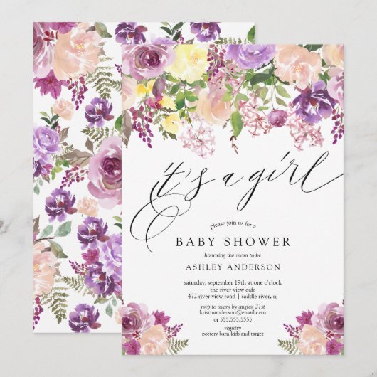 Invitation Floral pourpre C'est un Baby shower de fille (Devant / Derrière)