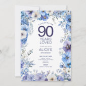 Invitation Floral pourpre et bleu 90e anniversaire, jalon (Devant)