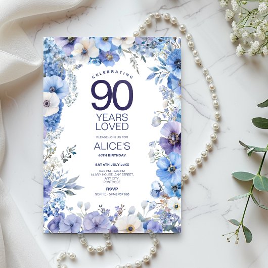Invitation Floral pourpre et bleu 90e anniversaire, jalon