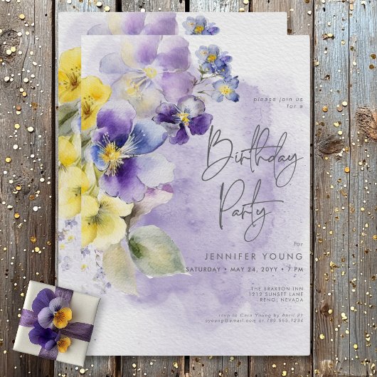 Invitation Floral pourpre et jaune Anniversaire moderne