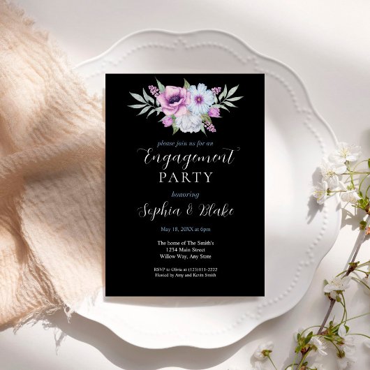 Invitation Floral pourpre et vert | Black Engagement Party
