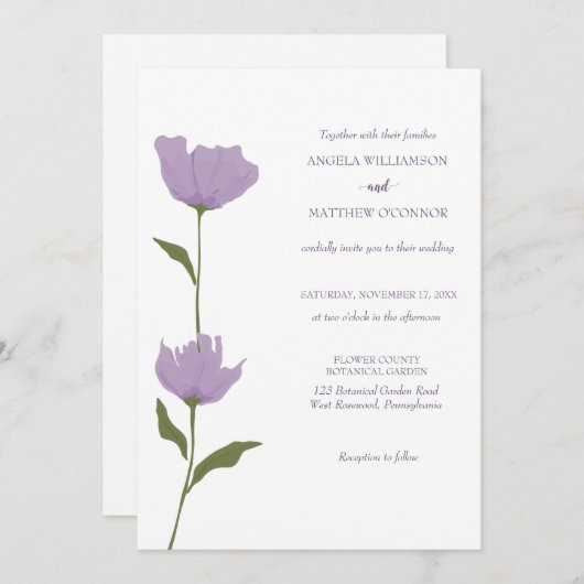 Invitation Floral pourpre, propre, Mariage simple (Devant / Derrière)