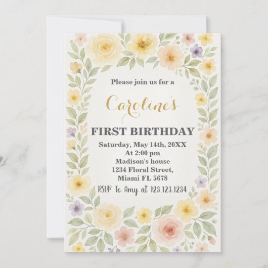 Invitation Floral Premier anniversaire (Devant)