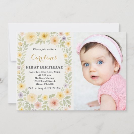 Invitation Floral Premier Anniversaire avec photo (Devant)