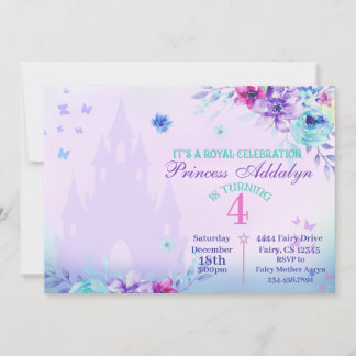 Invitation Floral Princess Castle Watercolor 4e anniversaire