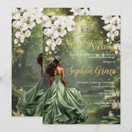 Invitation Floral Princesse et grenouille Sage Vert robe douc (Devant / Derrière)