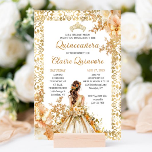 Invitation Floral Princesse Florale Radiale Quinceanera Or