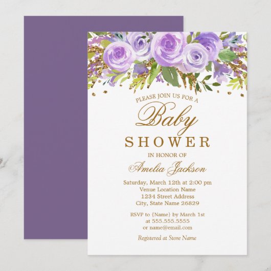 Invitation Floral Purple Aquarelle Baby shower or (Devant / Derrière)
