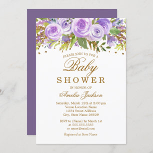 Invitation Floral Purple Aquarelle Baby shower or