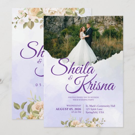 Invitation Floral Purple Elegance Wedding with Photo (Devant / Derrière)