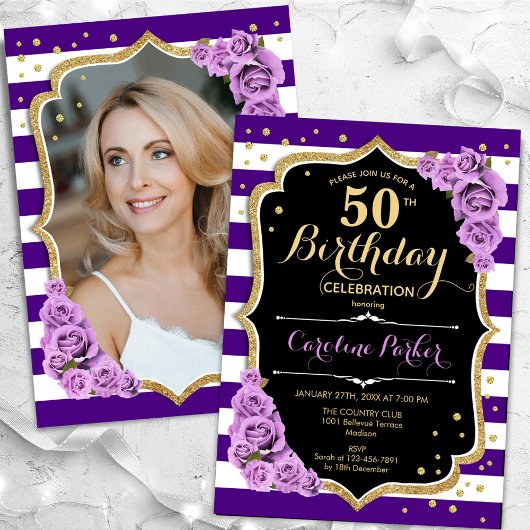 Invitation Floral Purple Gold Photo 50e anniversaire