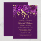 Invitation Floral Purple Gold Rose 90e anniversaire (Devant / Derrière)