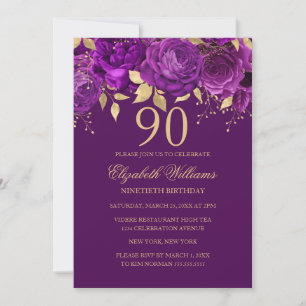 Invitation Floral Purple Gold Rose 90e anniversaire
