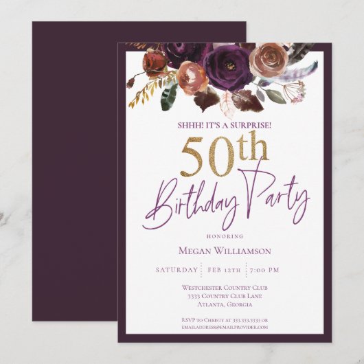 Invitation Floral Purple Gold Surprise 50e fête d'anniversair (Devant / Derrière)