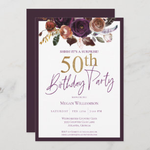 Invitation Floral Purple Gold Surprise 50e fête d'anniversair