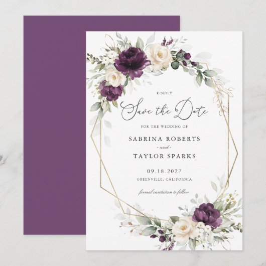 Invitation Floral Purple Greenery Gold Wedding Enregistrer La (Devant / Derrière)