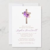 Invitation Floral Purple Or Roses Croix Fille Baptême (Devant)