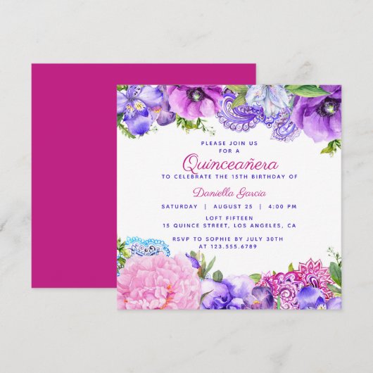 Invitation Floral Purple Paisley Moderne Quinceañera (Devant / Derrière)