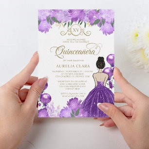 Invitation Floral Purple Princess XV Quinceañera Anniversaire