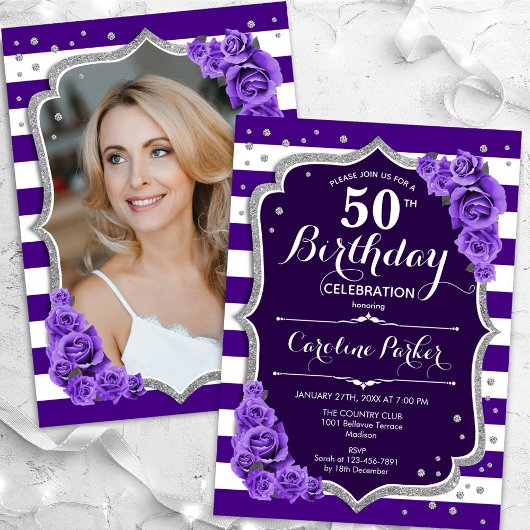 Invitation Floral Purple Silver Photo 50e anniversaire