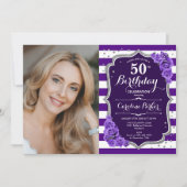 Invitation Floral Purple Silver Photo 50e anniversaire (Devant)