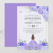 Invitation Floral Purple & Silver Princesse Tiara Quinceañera (Devant / Derrière)