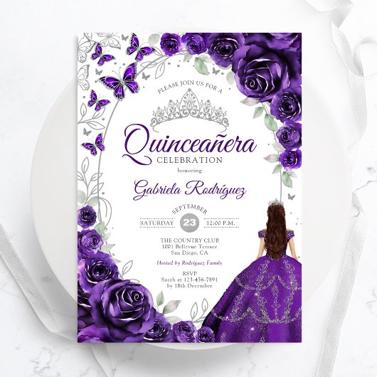 Invitation Floral Purple Silver Quinceanera