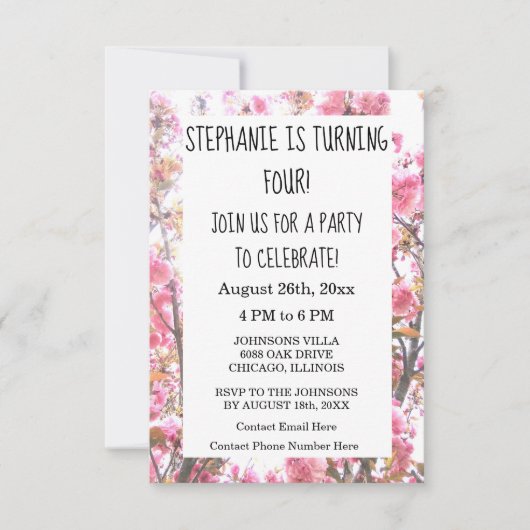 Invitation Floral Quatrième fête d'anniversaire Fleur de ceri (Devant)