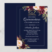 Invitation Floral Quinceanera de la Marine moderne (Devant / Derrière)