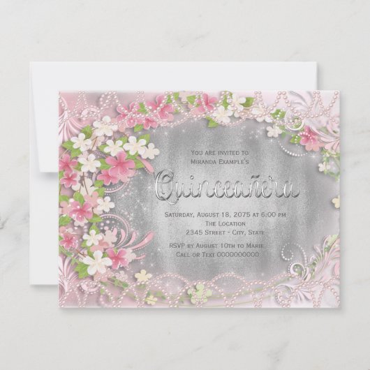 Invitation Floral Quinceañera rose et argenté (Devant)