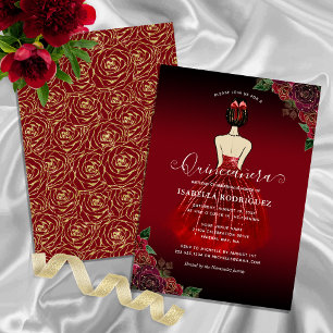 Invitation Floral Red Princess Gold Anniversaire Quinceañera
