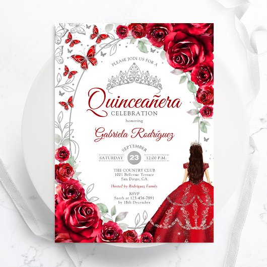 Invitation Floral Red Silver Quinceanera