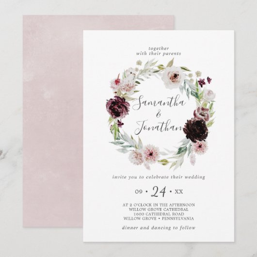 Invitation Floral Romance Wreath Mariage (Devant / Derrière)