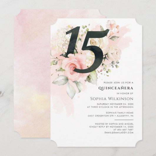 Invitation Floral rose 15e anniversaire Quinceanera Rustique (Devant / Derrière)