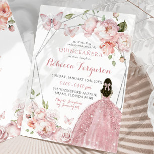 Invitation Floral rose argent mexicain Princesse Quinceañera