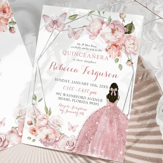 Invitation Floral rose argent mexicain Princesse Quinceañera