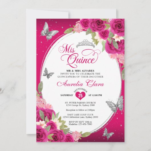 Invitation Floral rose Argent Tiara Papillon Mis Quinceañera (Devant)