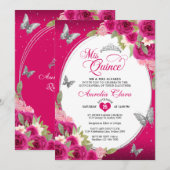 Invitation Floral rose Argent Tiara Papillon Mis Quinceañera (Devant / Derrière)