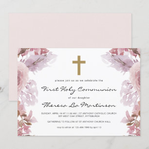 Invitation Floral rose avec Croix première sainte communion