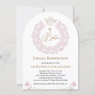 Invitation Floral rose Baby Angel Croix Baptême