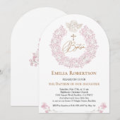 Invitation Floral rose Baby Angel Croix Baptême (Devant / Derrière)