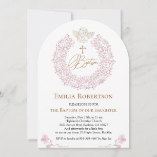 Invitation Floral rose Baby Angel Croix Baptême