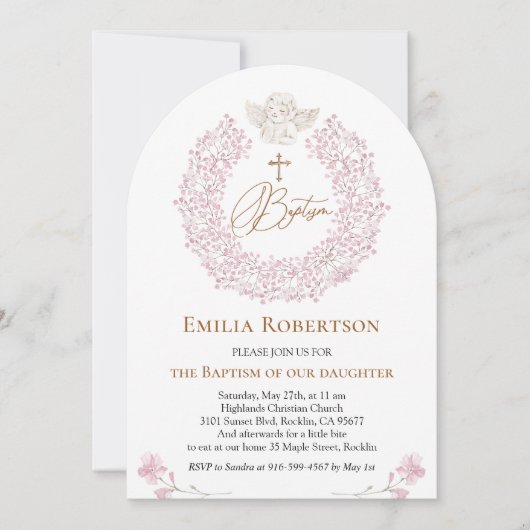 Invitation Floral rose Baby Angel Croix Baptême (Devant)