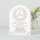 Invitation Floral rose Baby Angel Croix Baptême (Debout devant)