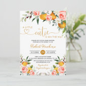 Invitation Floral rose, Baby shower à petite croûte orange (Debout devant)