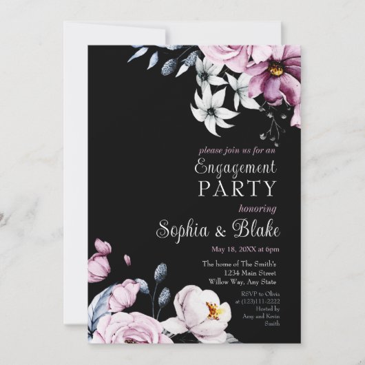 Invitation Floral rose, blanc et bleu | Black Engagement Part (Devant)