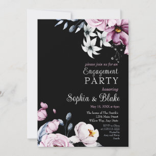 Invitation Floral rose, blanc et bleu   Black Engagement Part