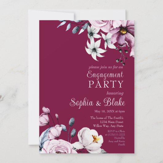 Invitation Floral rose, blanc et bleu | Pink Engagement Party (Devant)