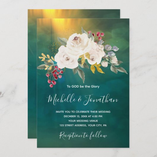 Invitation Floral rose blanche sur Mariage chrétien vert (Devant / Derrière)