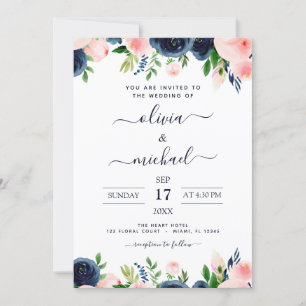 Invitation Floral rose bleu bleu marine mariage